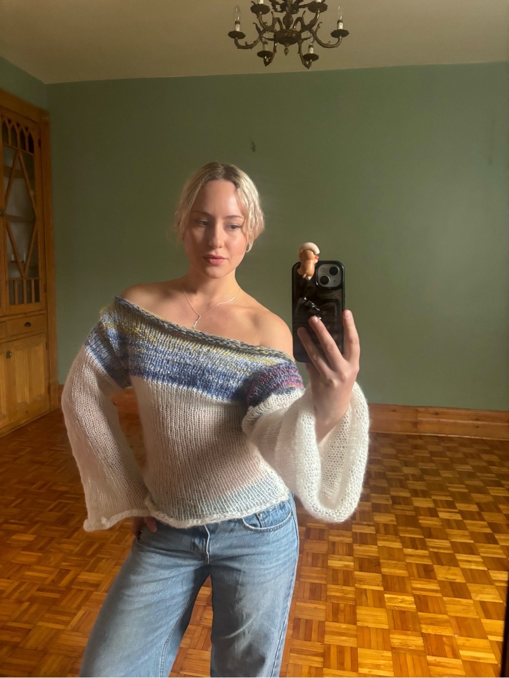 Handmade by me Off-Shoulder Sheer Knit Sweater